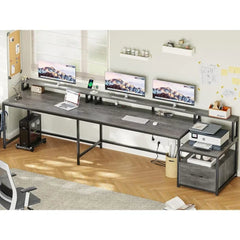Shaped Office Desk, 66" Home Office Desk with File Drawer & Power Outlet, Gaming Desk with Led Lights, Corner Computer Desk - SHOWLU FASHION STORE