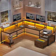Shaped Office Desk, 66" Home Office Desk with File Drawer & Power Outlet, Gaming Desk with Led Lights, Corner Computer Desk - SHOWLU FASHION STORE