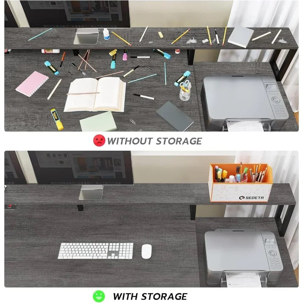 Shaped Office Desk, 66" Home Office Desk with File Drawer & Power Outlet, Gaming Desk with Led Lights, Corner Computer Desk - SHOWLU FASHION STORE