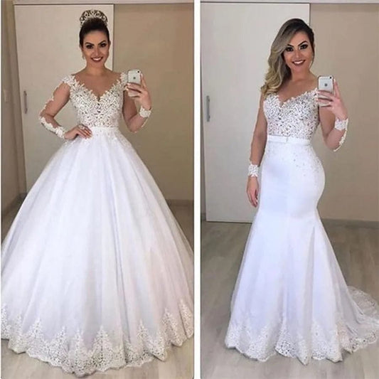 Sheer Long Sleeves Mermaid Wedding Dresses See Through Back Custom Two Pieces Bridal Gowns Modest Vestidos De Novia - SHOWLU FASHION STORE