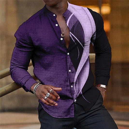 Shirt Men Lapel Stand Collar Fashion Casual Blue Purple Geometric Outdoor Street Party High Quality Fabric 2023 New Plus Size - SHOWLU FASHION STORE