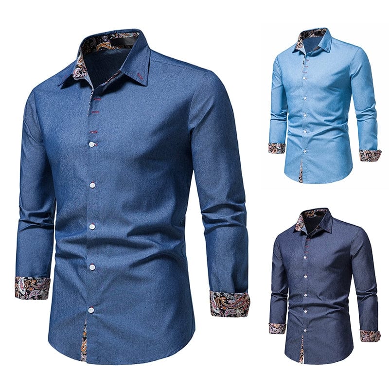 Shirt Men's Dark Blue Lapel Long - Sleeved Thin Cloth Shirt - SHOWLU FASHION STORE