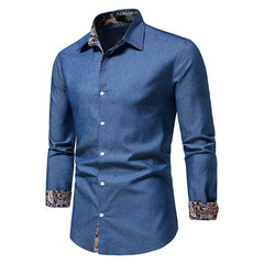 Shirt Men's Dark Blue Lapel Long - Sleeved Thin Cloth Shirt - SHOWLU FASHION STORE