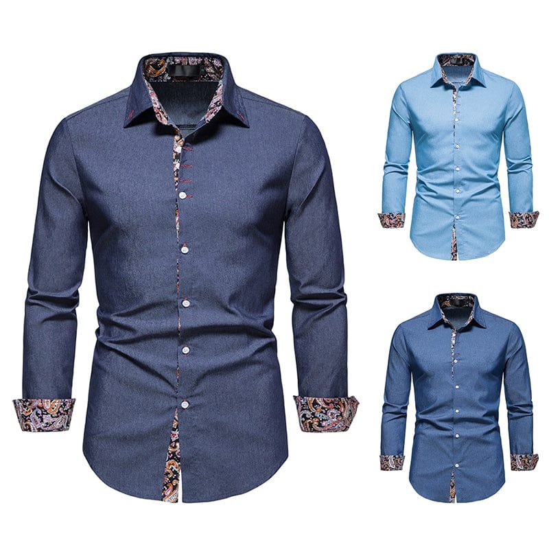 Shirt Men's Dark Blue Lapel Long - Sleeved Thin Cloth Shirt - SHOWLU FASHION STORE