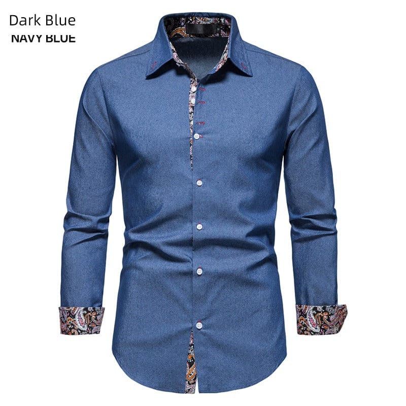 Shirt Men's Dark Blue Lapel Long - Sleeved Thin Cloth Shirt - SHOWLU FASHION STORE