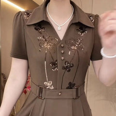 Short - sleeved dress female summer 2024 new fashion temperament slim loose waist design sense sequined long skirt. - SHOWLU FASHION STORE