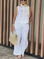 Simple Cotton Linen Women's Suits Summer Fashion Sleeveless Loose Blouse Wide Leg Pants Two Piece Set For Women Casual Outfits - SHOWLU FASHION STORE