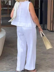 Simple Cotton Linen Women's Suits Summer Fashion Sleeveless Loose Blouse Wide Leg Pants Two Piece Set For Women Casual Outfits - SHOWLU FASHION STORE