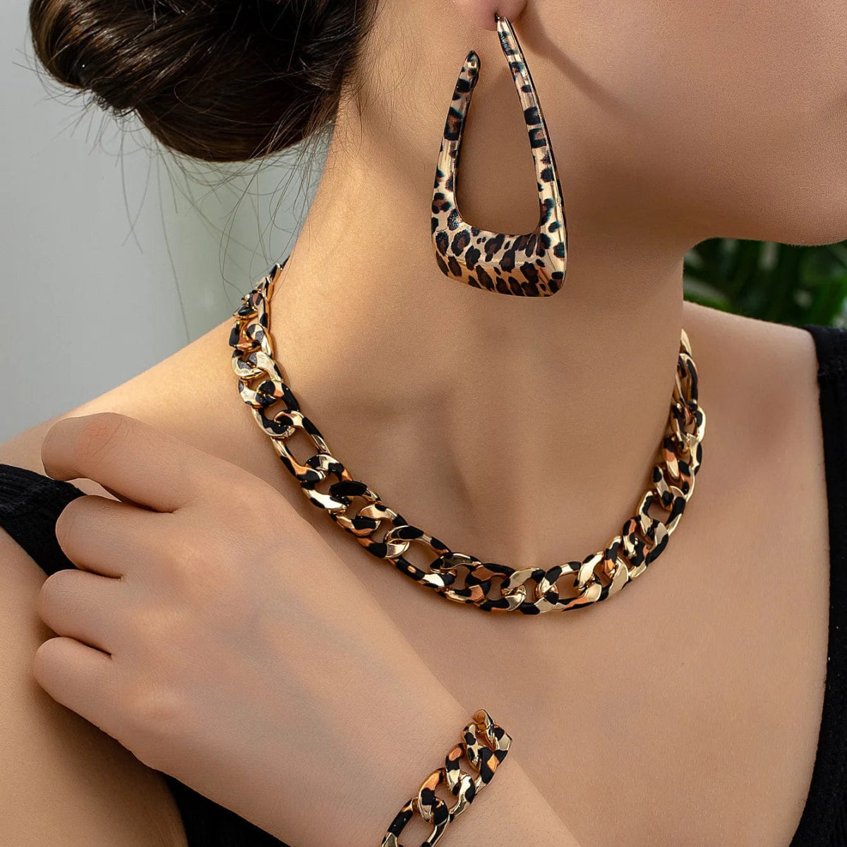Simple Fashion Exaggerated Jewelry Set for Women Girls Geometric Leopard Print Earring Necklace Punk Chains Bracelet - SHOWLU FASHION STORE
