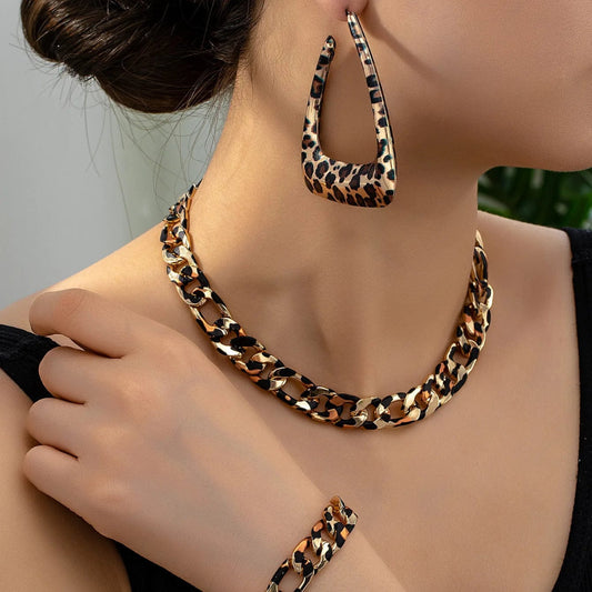 Simple Fashion Exaggerated Jewelry Set for Women Girls Geometric Leopard Print Earring Necklace Punk Chains Bracelet - SHOWLU FASHION STORE