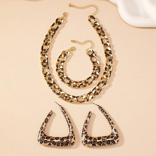 Simple Fashion Exaggerated Jewelry Set for Women Girls Geometric Leopard Print Earring Necklace Punk Chains Bracelet - SHOWLU FASHION STORE