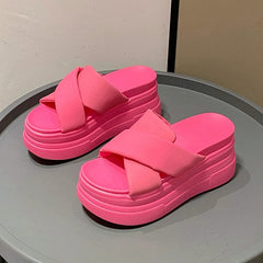 Slanted Heel Slippers Women Outer Wear 2024 New Platform Muffin Women Sandals Summer Fashion Popular Sandals High Heel - SHOWLU FASHION STORE
