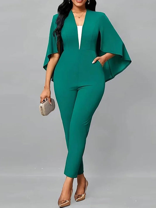 Solid Batwing Sleeve Deep V Neck Jumpsuits for Women - SHOWLU FASHION STORE