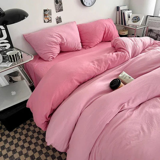 Solid Color Duvet Cover Set 100% Washed Cotton Bedding Set Super Soft Comfortable Lightweight Comforter Cover with 2 Pillowcases - SHOWLU FASHION STORE
