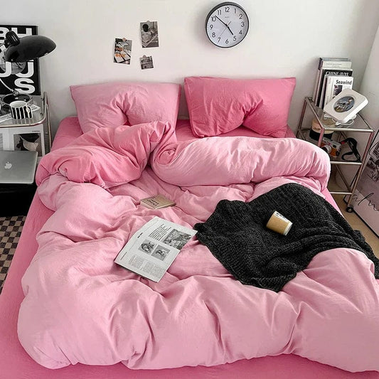 Solid Color Duvet Cover Set 100% Washed Cotton Bedding Set Super Soft Comfortable Lightweight Comforter Cover with 2 Pillowcases - SHOWLU FASHION STORE