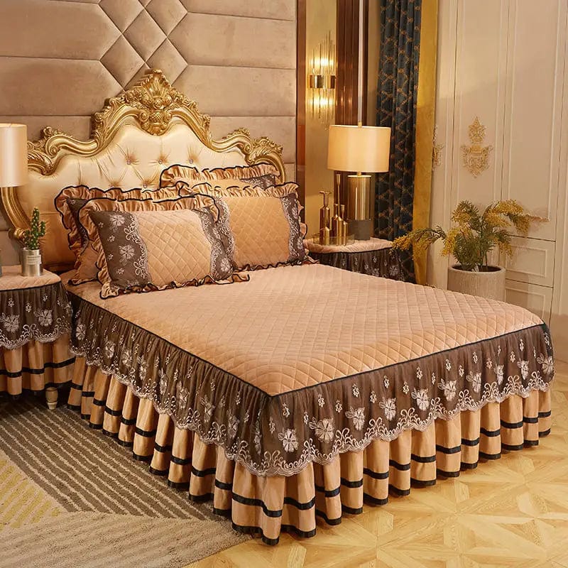 Solid Color Luxury Thick Velvet Quilted Bedspread Queen King Size Lace Embroidery Short Plush Bed Skirt Not Included Pillowcase - SHOWLU FASHION STORE