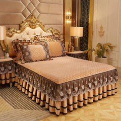 Solid Color Luxury Thick Velvet Quilted Bedspread Queen King Size Lace Embroidery Short Plush Bed Skirt Not Included Pillowcase - SHOWLU FASHION STORE