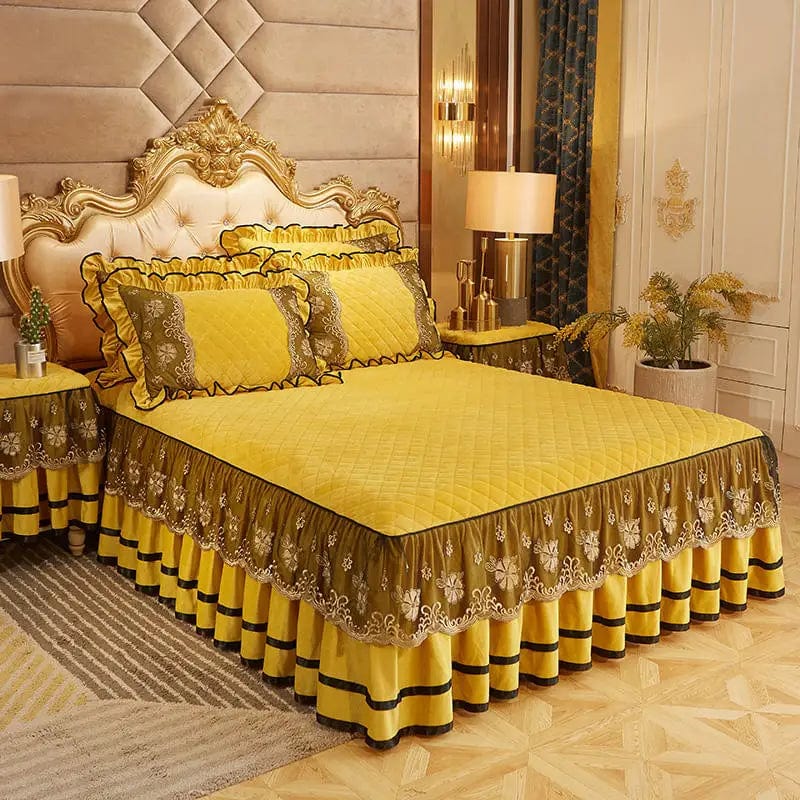 Solid Color Luxury Thick Velvet Quilted Bedspread Queen King Size Lace Embroidery Short Plush Bed Skirt Not Included Pillowcase - SHOWLU FASHION STORE