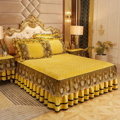 Solid Color Luxury Thick Velvet Quilted Bedspread Queen King Size Lace Embroidery Short Plush Bed Skirt Not Included Pillowcase - SHOWLU FASHION STORE