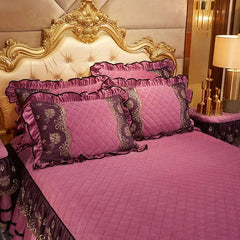 Solid Color Luxury Thick Velvet Quilted Bedspread Queen King Size Lace Embroidery Short Plush Bed Skirt Not Included Pillowcase - SHOWLU FASHION STORE