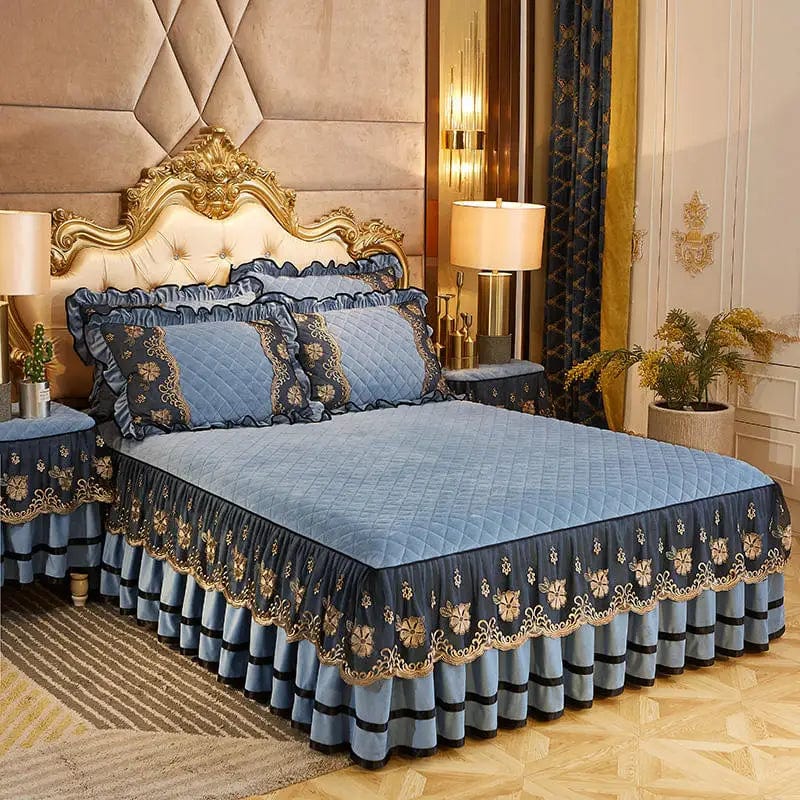 Solid Color Luxury Thick Velvet Quilted Bedspread Queen King Size Lace Embroidery Short Plush Bed Skirt Not Included Pillowcase - SHOWLU FASHION STORE