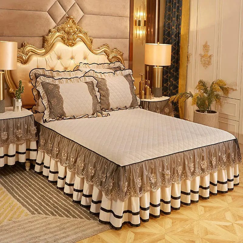 Solid Color Luxury Thick Velvet Quilted Bedspread Queen King Size Lace Embroidery Short Plush Bed Skirt Not Included Pillowcase - SHOWLU FASHION STORE