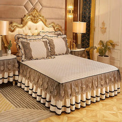 Solid Color Luxury Thick Velvet Quilted Bedspread Queen King Size Lace Embroidery Short Plush Bed Skirt Not Included Pillowcase - SHOWLU FASHION STORE