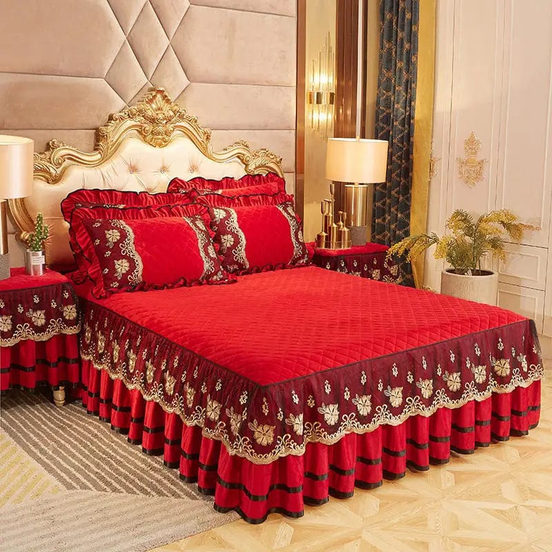 Solid Color Luxury Thick Velvet Quilted Bedspread Queen King Size Lace Embroidery Short Plush Bed Skirt Not Included Pillowcase - SHOWLU FASHION STORE
