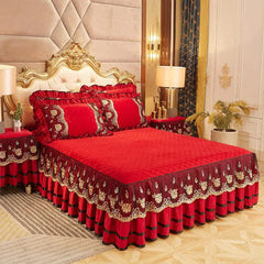 Solid Color Luxury Thick Velvet Quilted Bedspread Queen King Size Lace Embroidery Short Plush Bed Skirt Not Included Pillowcase - SHOWLU FASHION STORE