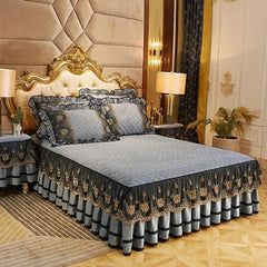Solid Color Luxury Thick Velvet Quilted Bedspread Queen King Size Lace Embroidery Short Plush Bed Skirt Not Included Pillowcase - SHOWLU FASHION STORE