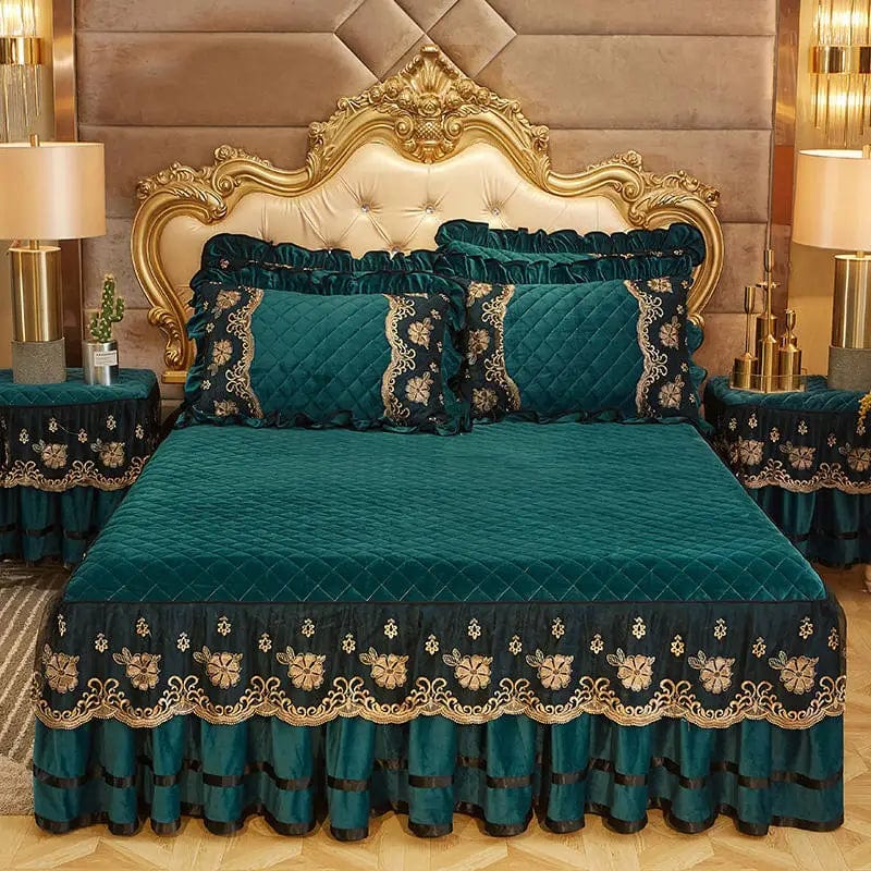 Solid Color Luxury Thick Velvet Quilted Bedspread Queen King Size Lace Embroidery Short Plush Bed Skirt Not Included Pillowcase - SHOWLU FASHION STORE