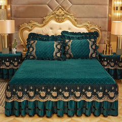 Solid Color Luxury Thick Velvet Quilted Bedspread Queen King Size Lace Embroidery Short Plush Bed Skirt Not Included Pillowcase - SHOWLU FASHION STORE