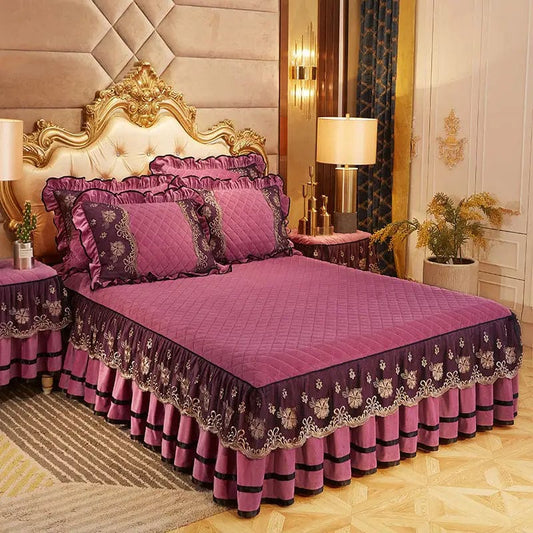 Solid Color Luxury Thick Velvet Quilted Bedspread Queen King Size Lace Embroidery Short Plush Bed Skirt Not Included Pillowcase - SHOWLU FASHION STORE