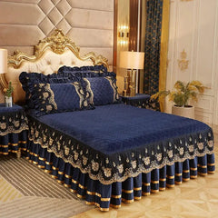 Solid Color Luxury Thick Velvet Quilted Bedspread Queen King Size Lace Embroidery Short Plush Bed Skirt Not Included Pillowcase - SHOWLU FASHION STORE