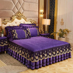 Solid Color Luxury Thick Velvet Quilted Bedspread Queen King Size Lace Embroidery Short Plush Bed Skirt Not Included Pillowcase - SHOWLU FASHION STORE