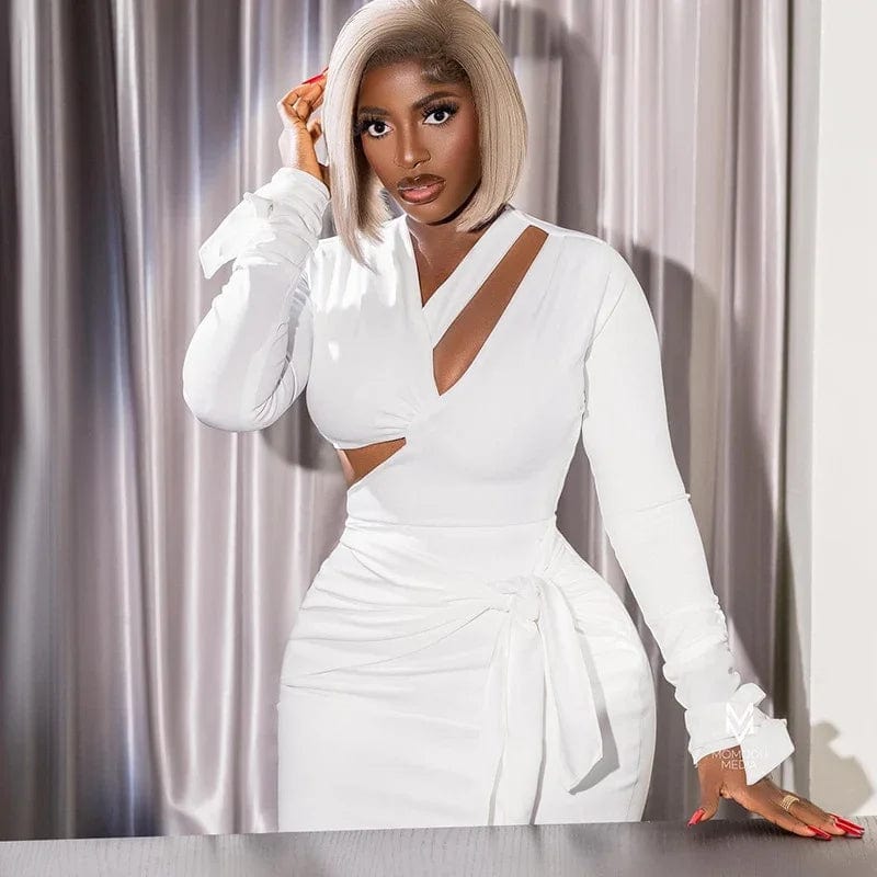 Solid Long Sleeve Cut Out Bodycon Mini Dresses Women Elegant Elastric V - neck Backless Bandage Ruched Nightclub Party Short Dress - SHOWLU FASHION STORE