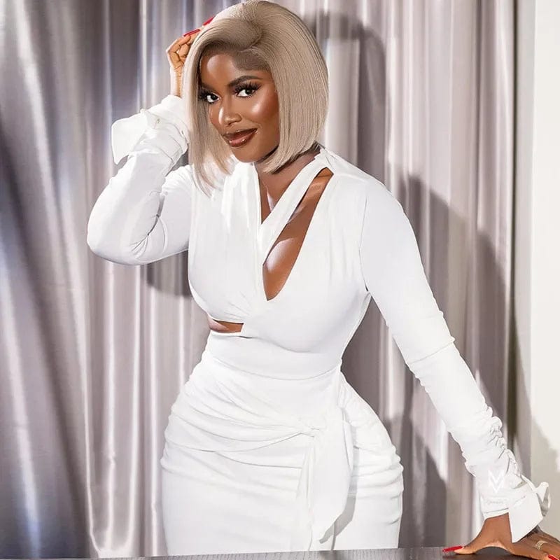 Solid Long Sleeve Cut Out Bodycon Mini Dresses Women Elegant Elastric V - neck Backless Bandage Ruched Nightclub Party Short Dress - SHOWLU FASHION STORE