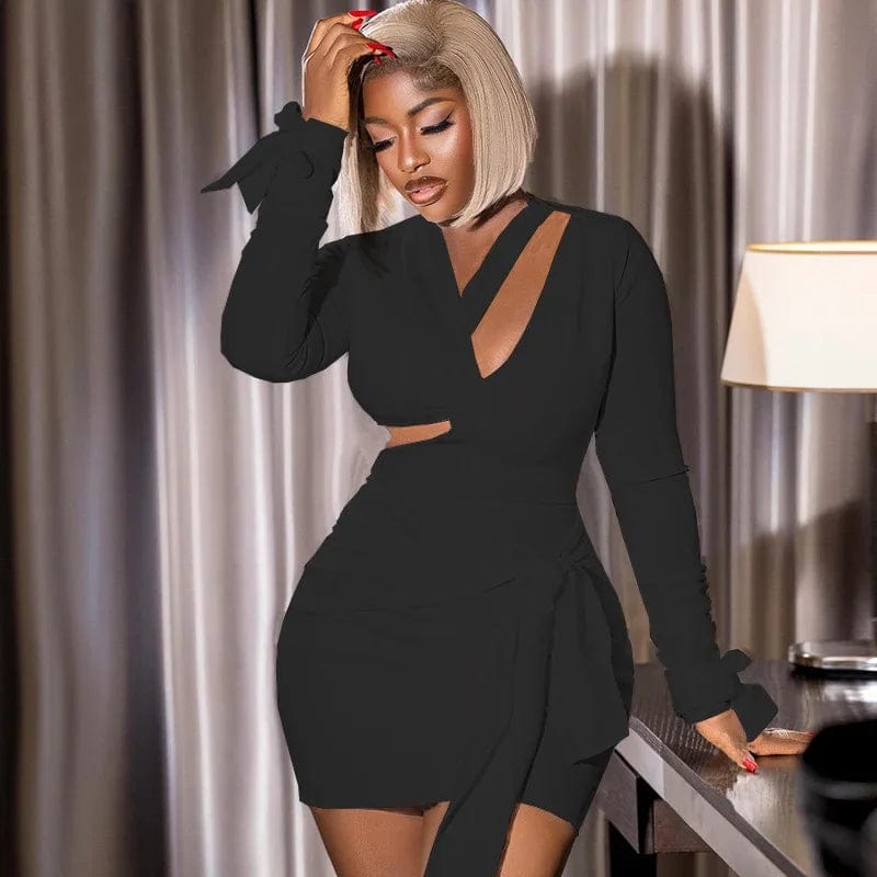 Solid Long Sleeve Cut Out Bodycon Mini Dresses Women Elegant Elastric V - neck Backless Bandage Ruched Nightclub Party Short Dress - SHOWLU FASHION STORE