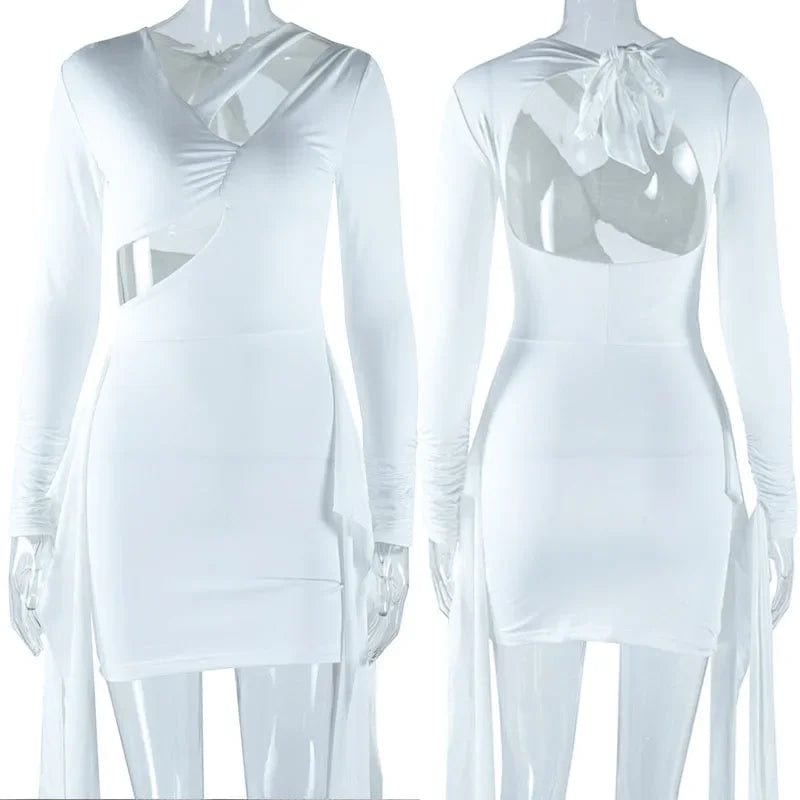 Solid Long Sleeve Cut Out Bodycon Mini Dresses Women Elegant Elastric V - neck Backless Bandage Ruched Nightclub Party Short Dress - SHOWLU FASHION STORE