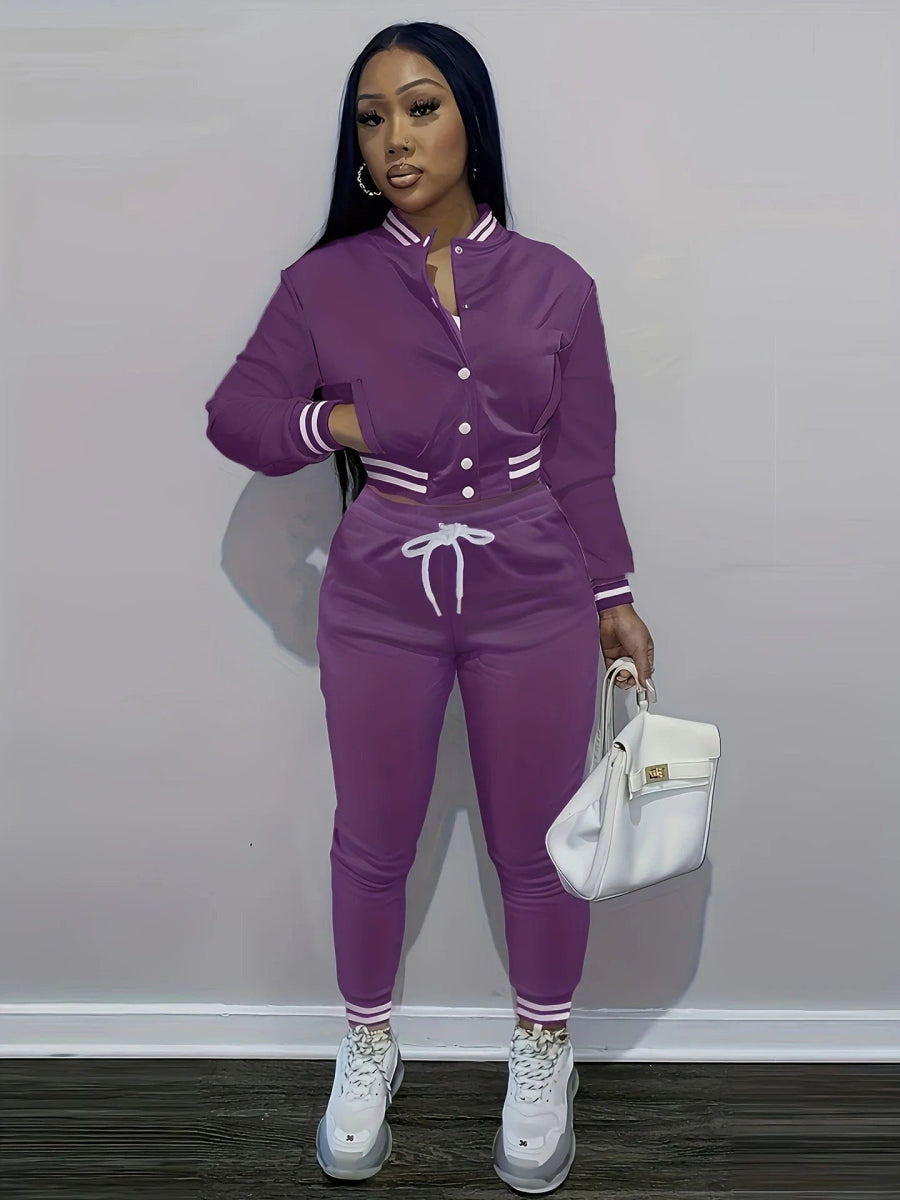 Spring and Autumn Europe and the United States Pop Women's Pure Color Jacket Single - breasted Baseball Suit Women's Sports Two - pi - SHOWLU FASHION STORE