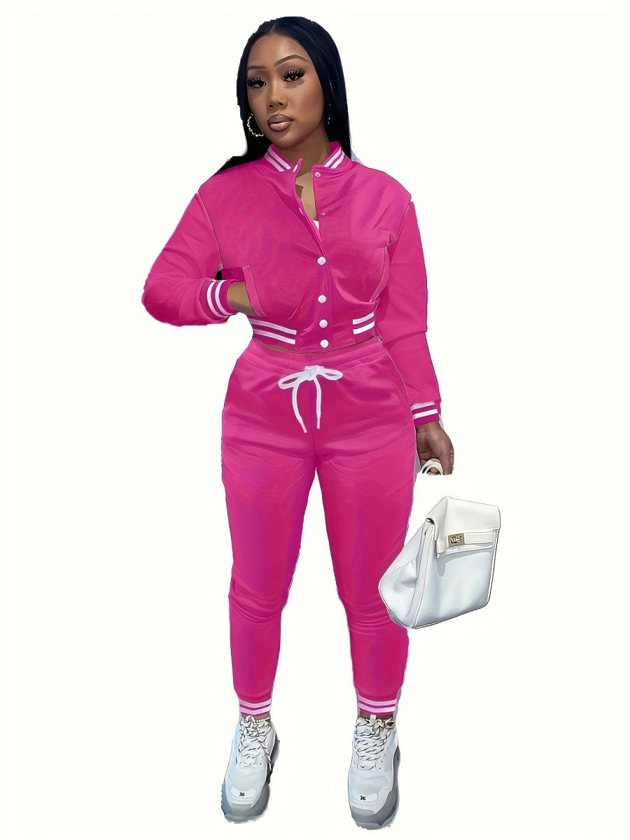 Spring and Autumn Europe and the United States Pop Women's Pure Color Jacket Single - breasted Baseball Suit Women's Sports Two - pi - SHOWLU FASHION STORE