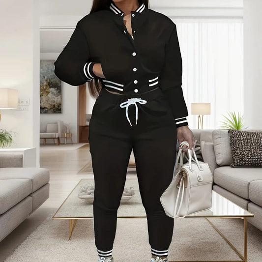 Spring and Autumn Europe and the United States Pop Women's Pure Color Jacket Single - breasted Baseball Suit Women's Sports Two - pi - SHOWLU FASHION STORE