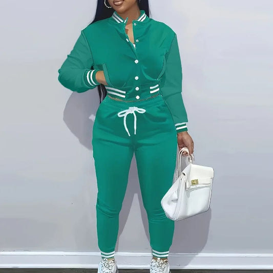 Spring and Autumn Europe and the United States Pop Women's Pure Color Jacket Single - breasted Baseball Suit Women's Sports Two - pi - SHOWLU FASHION STORE