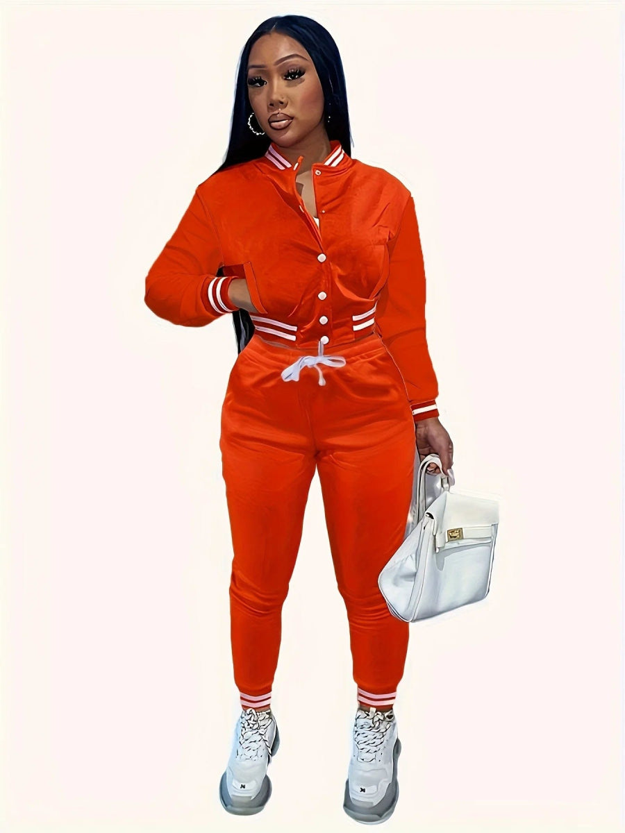 Spring and Autumn Europe and the United States Pop Women's Pure Color Jacket Single - breasted Baseball Suit Women's Sports Two - pi - SHOWLU FASHION STORE