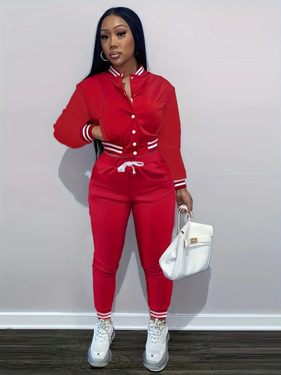 Spring and Autumn Europe and the United States Pop Women's Pure Color Jacket Single - breasted Baseball Suit Women's Sports Two - pi - SHOWLU FASHION STORE
