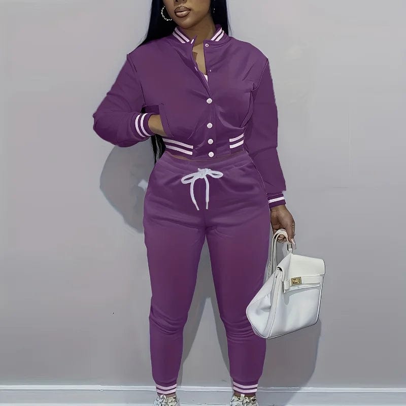Spring and Autumn Europe and the United States Pop Women's Pure Color Jacket Single - breasted Baseball Suit Women's Sports Two - pi - SHOWLU FASHION STORE