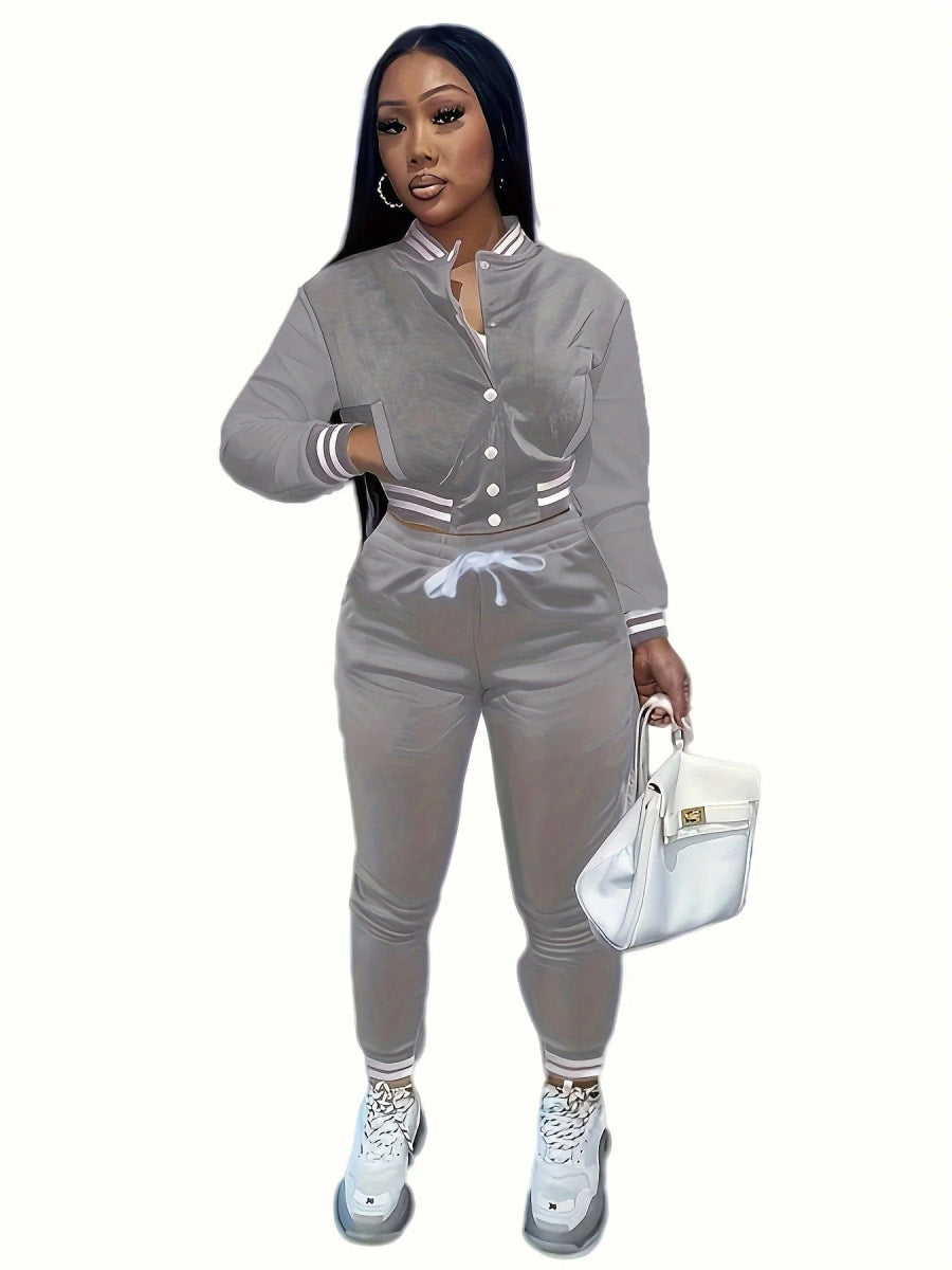 Spring and Autumn Europe and the United States Pop Women's Pure Color Jacket Single - breasted Baseball Suit Women's Sports Two - pi - SHOWLU FASHION STORE