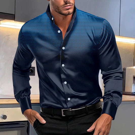 Spring and autumn new men's casual four - sided elastic polka dot fashion print comfortable standing collar long sleeve shirt - SHOWLU FASHION STORE