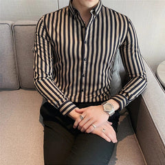 Spring Autumn Men's Long Sleeve Striped Shirt Casual Slim Fit Business Button - Down Shirts Classic Formal Dress Shirt - SHOWLU FASHION STORE