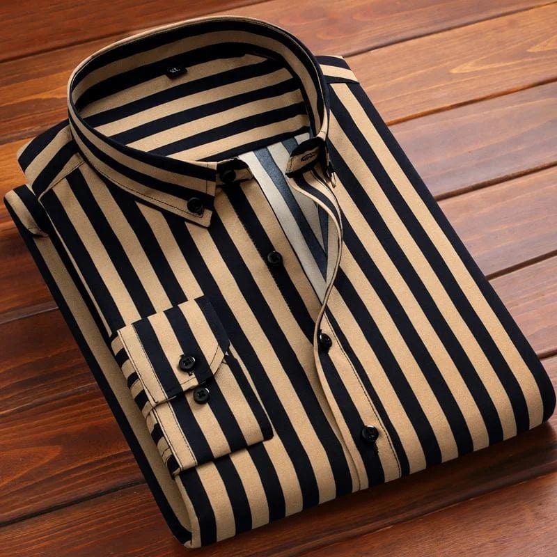 Spring Autumn Men's Long Sleeve Striped Shirt Casual Slim Fit Business Button - Down Shirts Classic Formal Dress Shirt - SHOWLU FASHION STORE